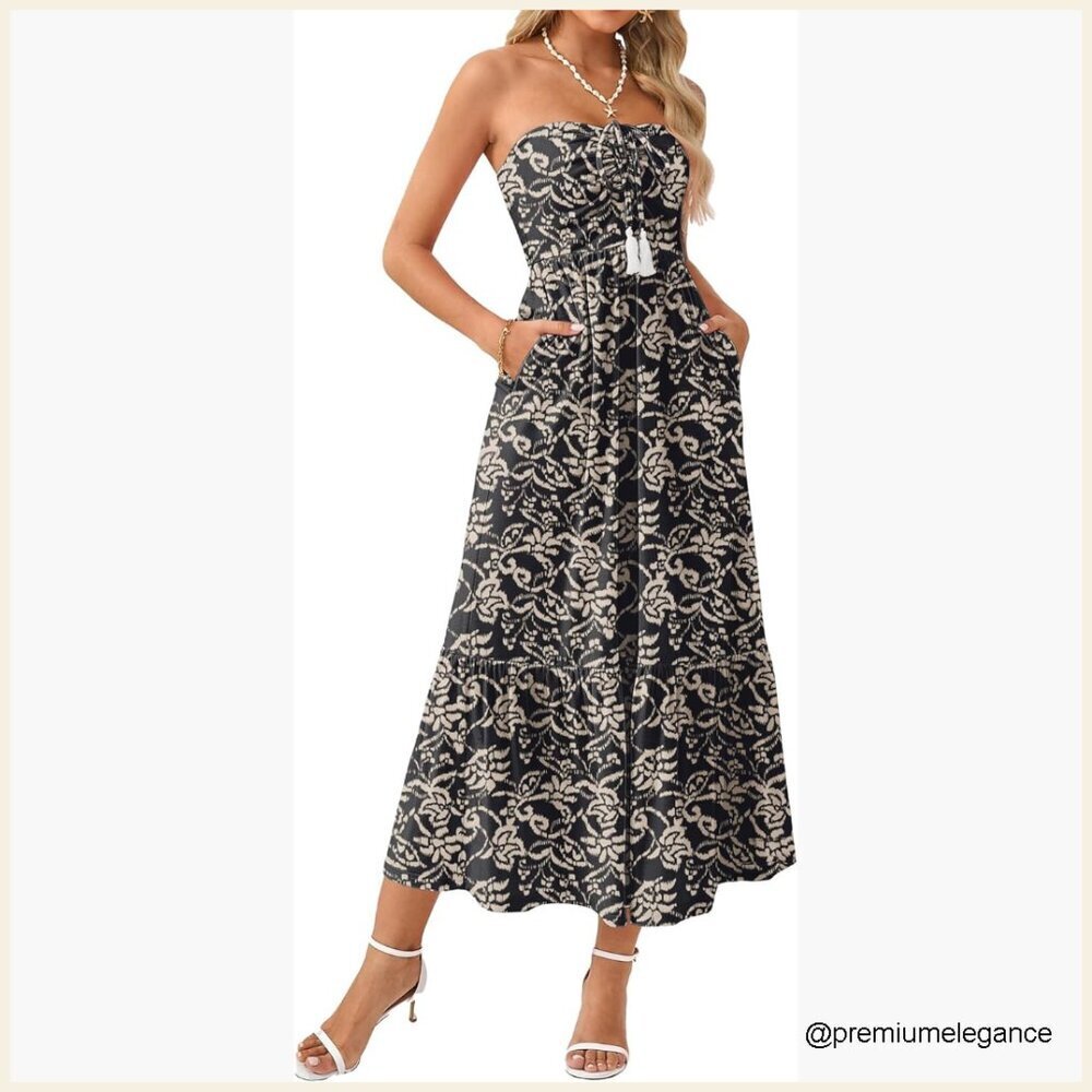 Strapless Maxi Dress with Pockets, Flowy Boho Style for Beach Vacations